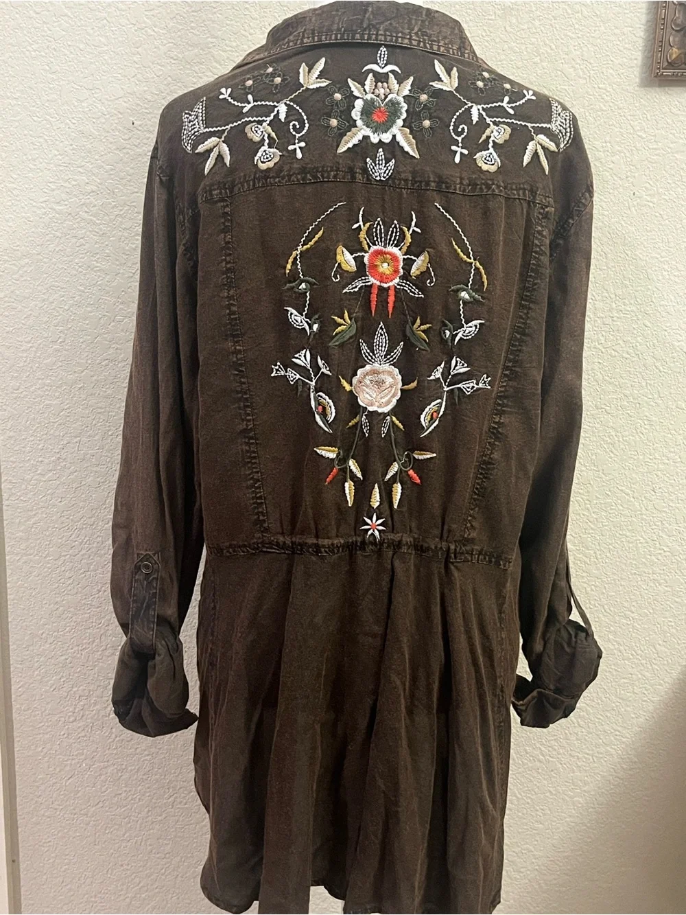Emma G brown, long-sleeve embroidered button-down utility tunic shirt